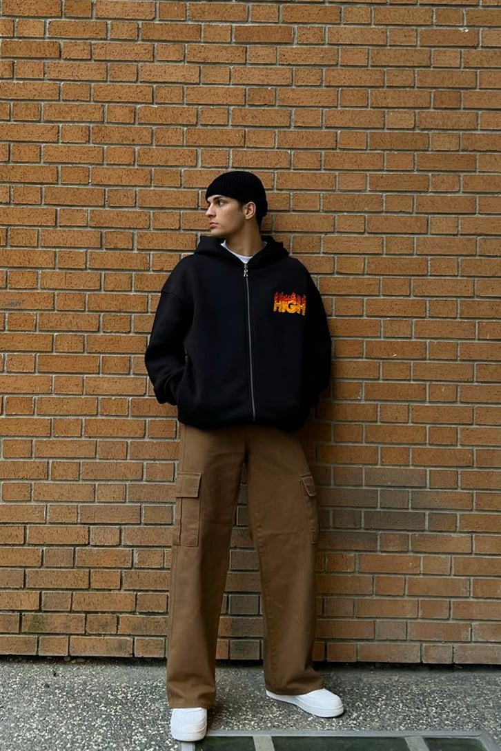 High Nakışlı Siyah Oversize Zipper Hoodie