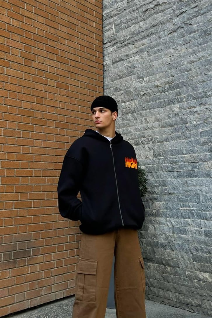 High Nakışlı Siyah Oversize Zipper Hoodie