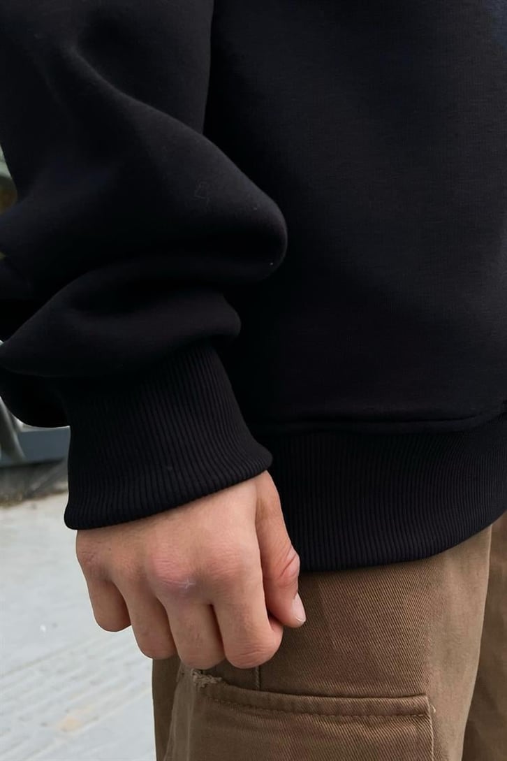High Nakışlı Siyah Oversize Zipper Hoodie
