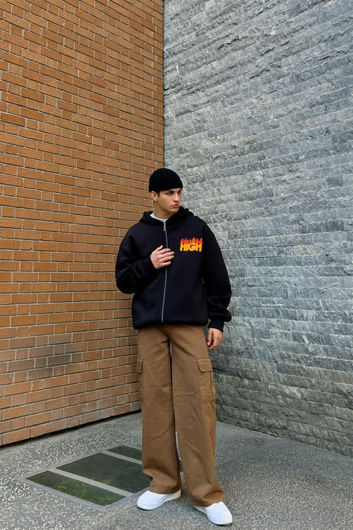 High Nakışlı Siyah Oversize Zipper Hoodie