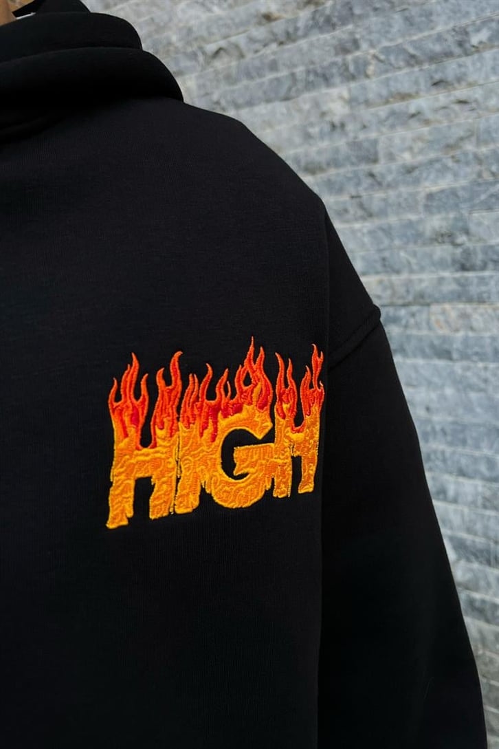 High Nakışlı Siyah Oversize Zipper Hoodie