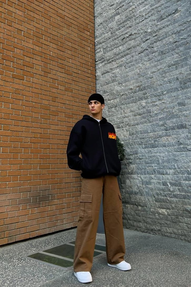 High Nakışlı Siyah Oversize Zipper Hoodie