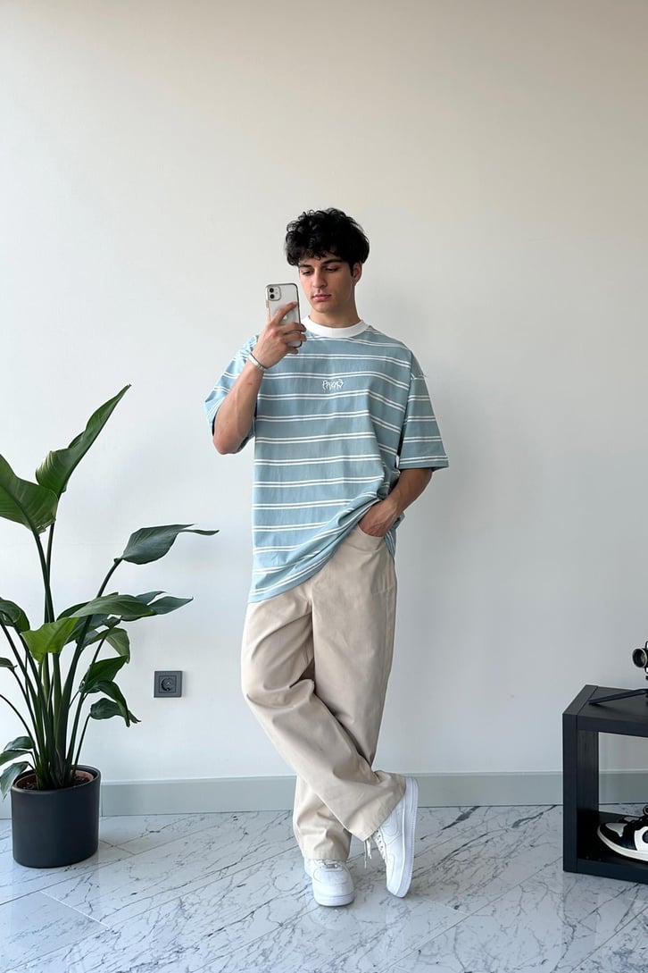 High Scool Baskılı Çizgili Yeşil Oversize Tişört