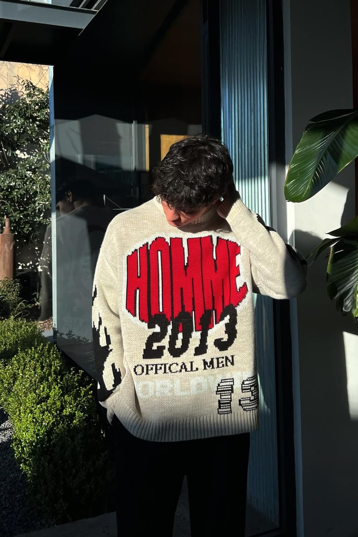 Homme 2013 Baskılı Taş Rengi Triko Kazak