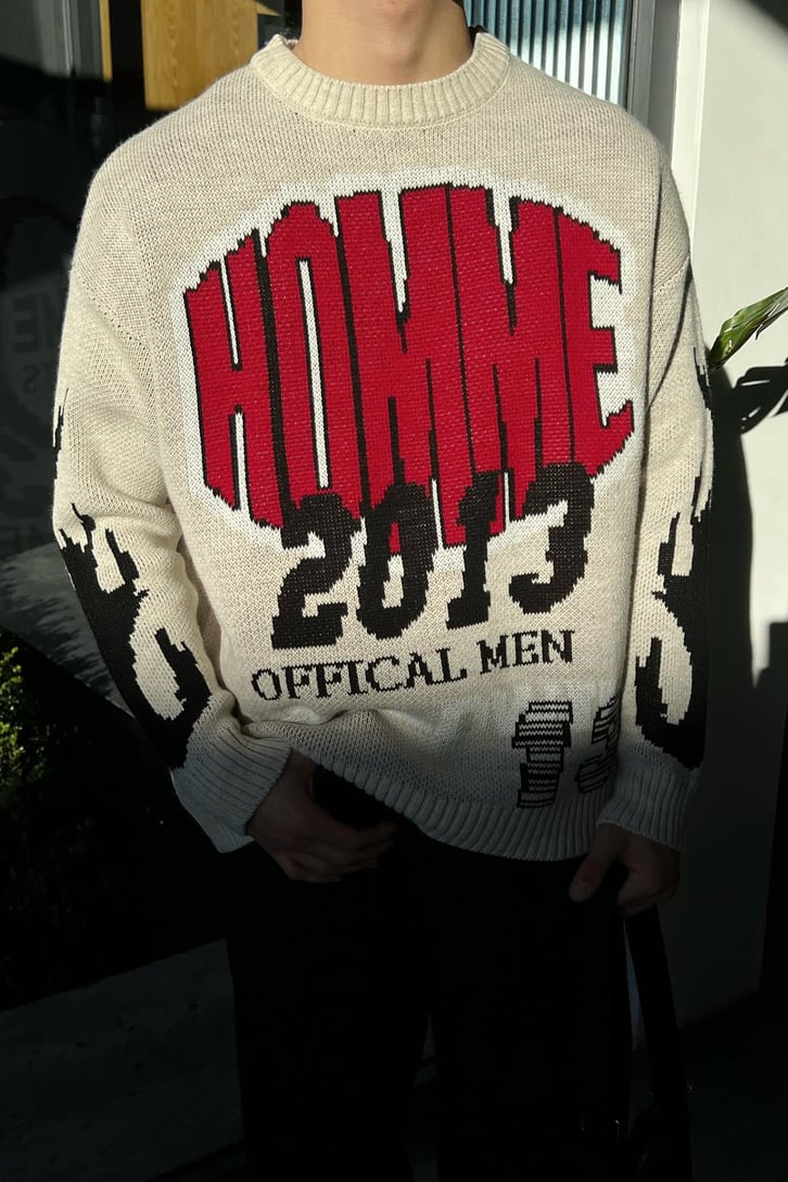 Homme 2013 Baskılı Taş Rengi Triko Kazak