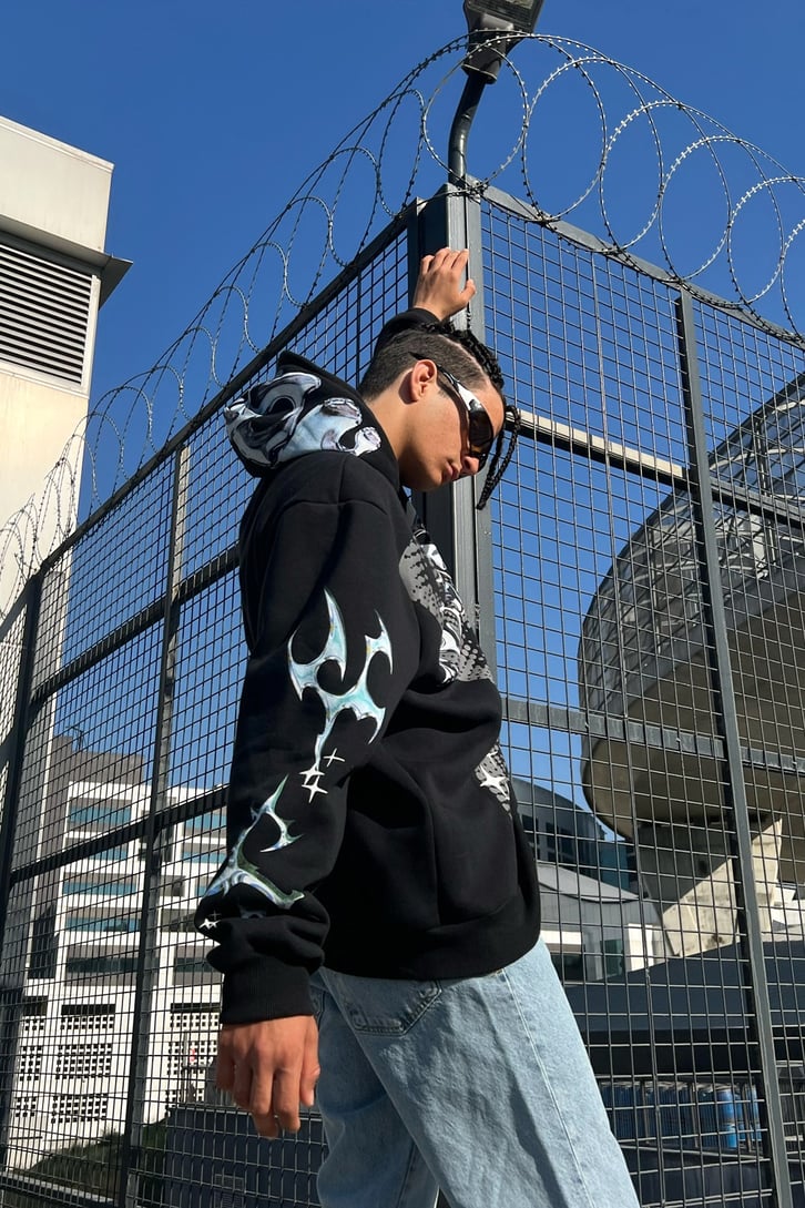 Homme Kol Baskılı Siyah Oversize Sweatshirt