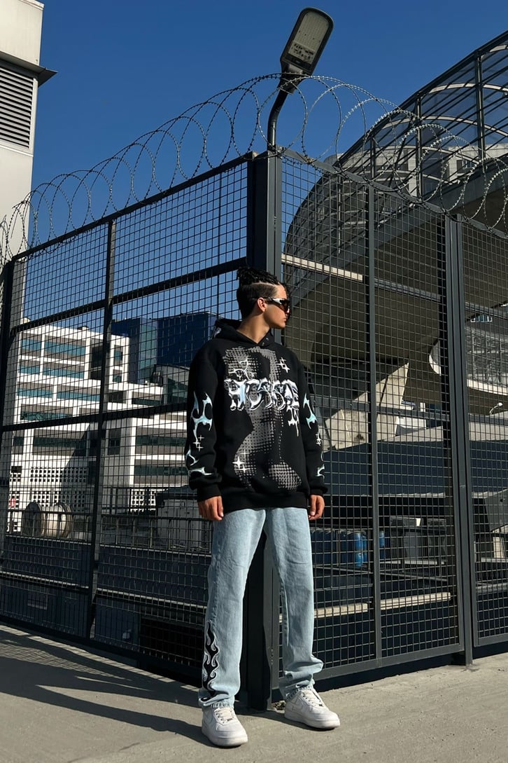 Homme Kol Baskılı Siyah Oversize Sweatshirt