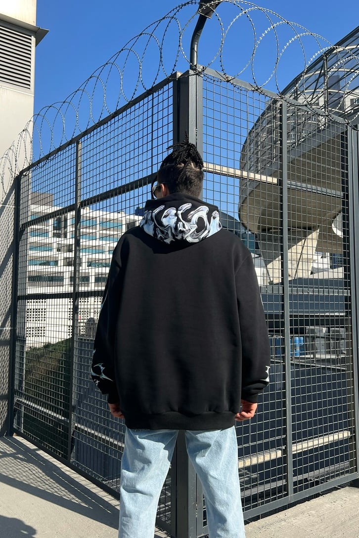 Homme Kol Baskılı Siyah Oversize Sweatshirt