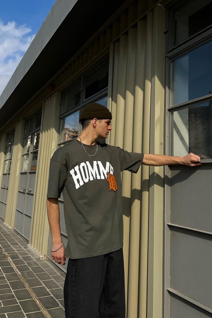 Homme Nakış Detaylı Haki Oversize Tişört