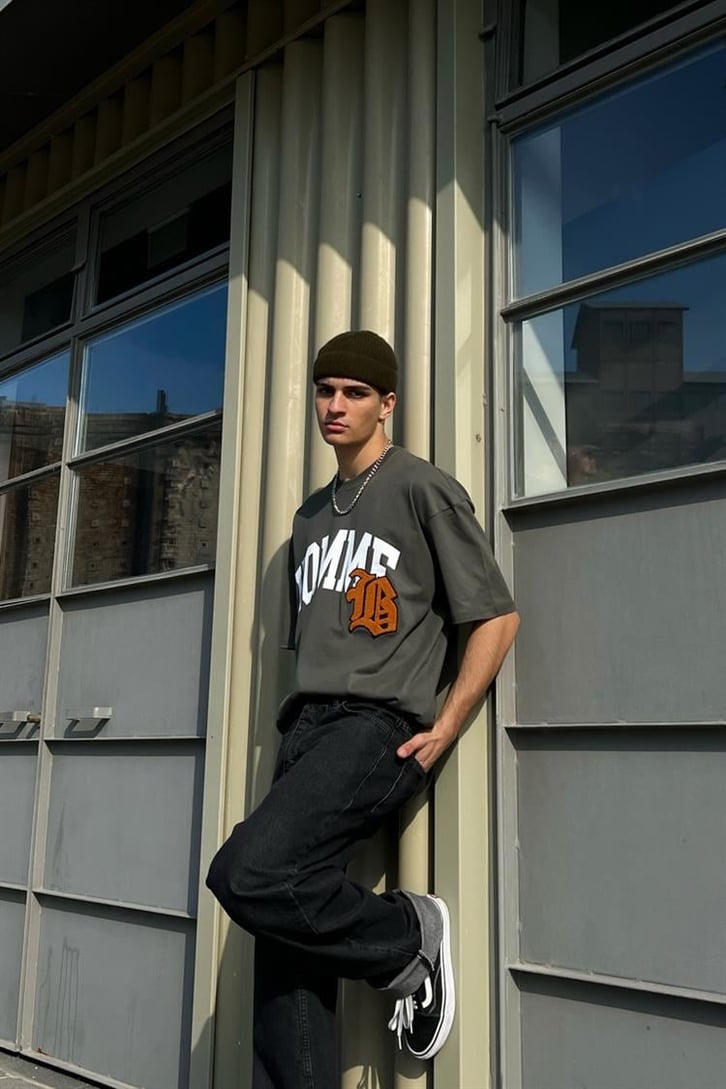 Homme Nakış Detaylı Haki Oversize Tişört