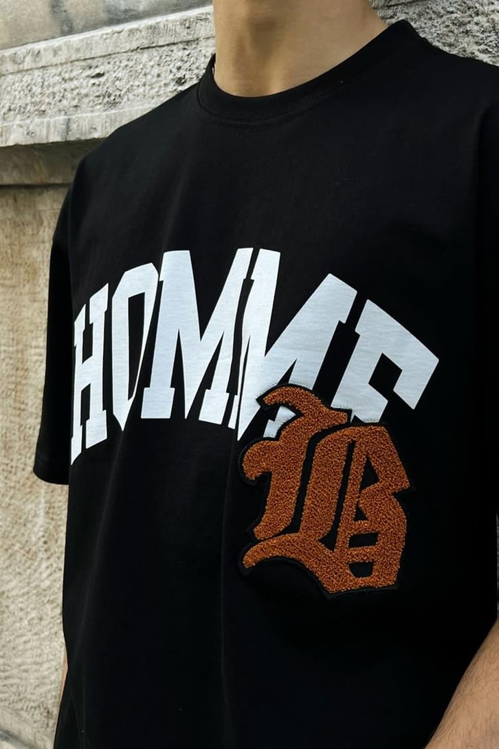 Homme Nakış Detaylı Siyah Oversize Tişört