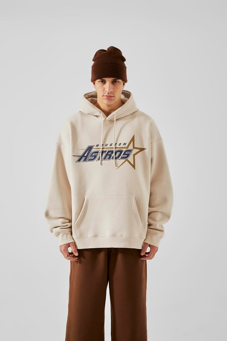 Houston Astros Baskılı Bej Oversize Hoodie