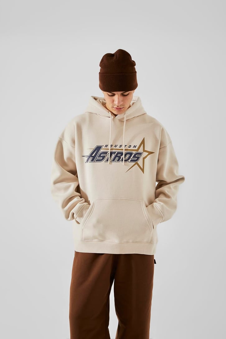 Houston Astros Baskılı Bej Oversize Hoodie