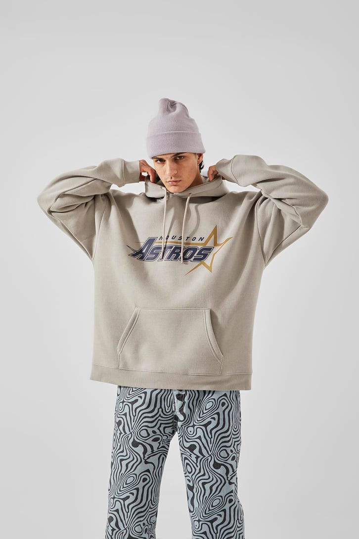 Houston Astros Baskılı Taş Rengi Oversize Hoodie