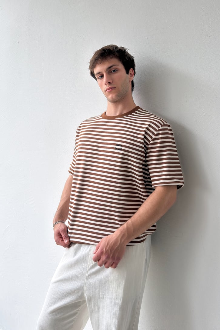 Human Nakışlı Çizgili Tişört Kahverengi