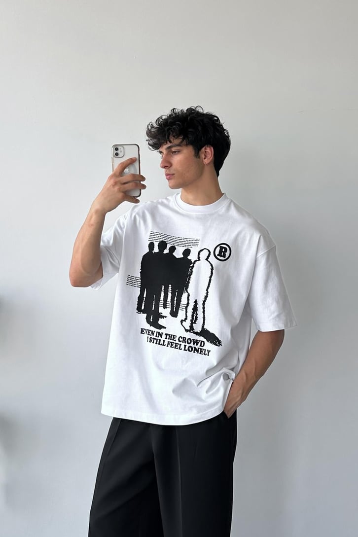 Humans Baskılı Beyaz Oversize Tişört