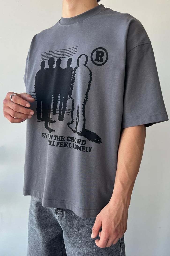 Humans Baskılı Füme Oversize Tişört