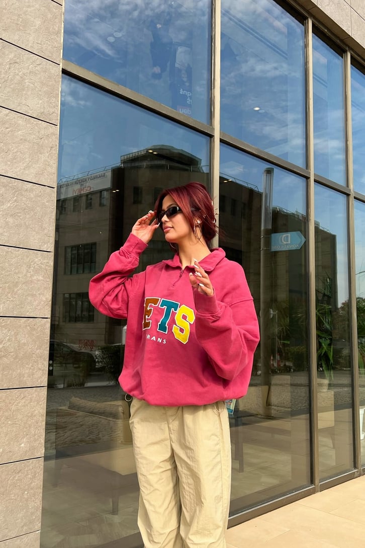IETS Nakışlı Half-Zip Pembe Sweatshirt