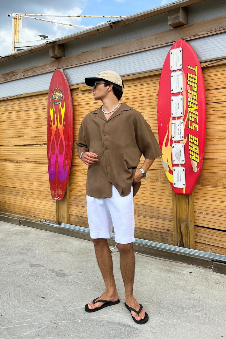İnce Keten Küba Yaka Oversize Gömlek