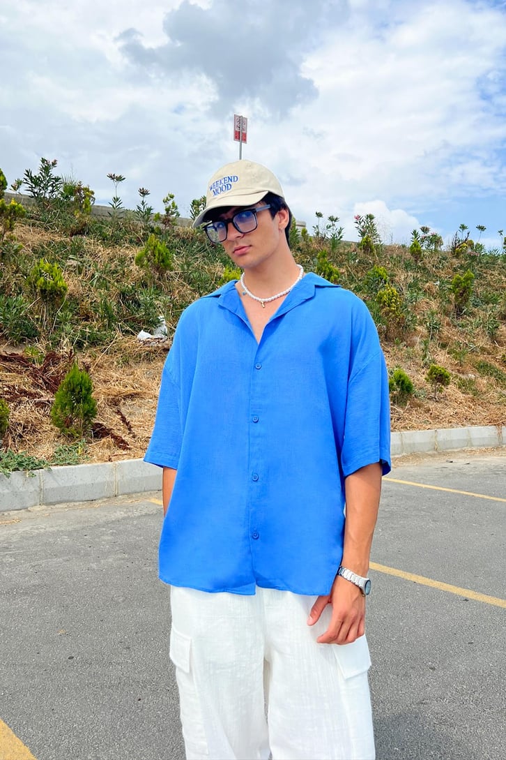 İnce Keten Küba Yaka Oversize Gömlek