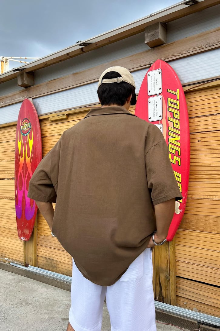 İnce Keten Küba Yaka Oversize Gömlek