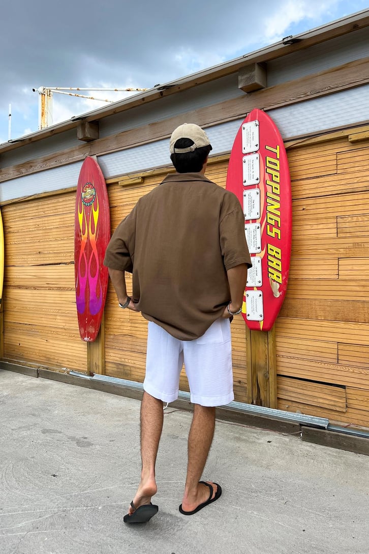 İnce Keten Küba Yaka Oversize Gömlek