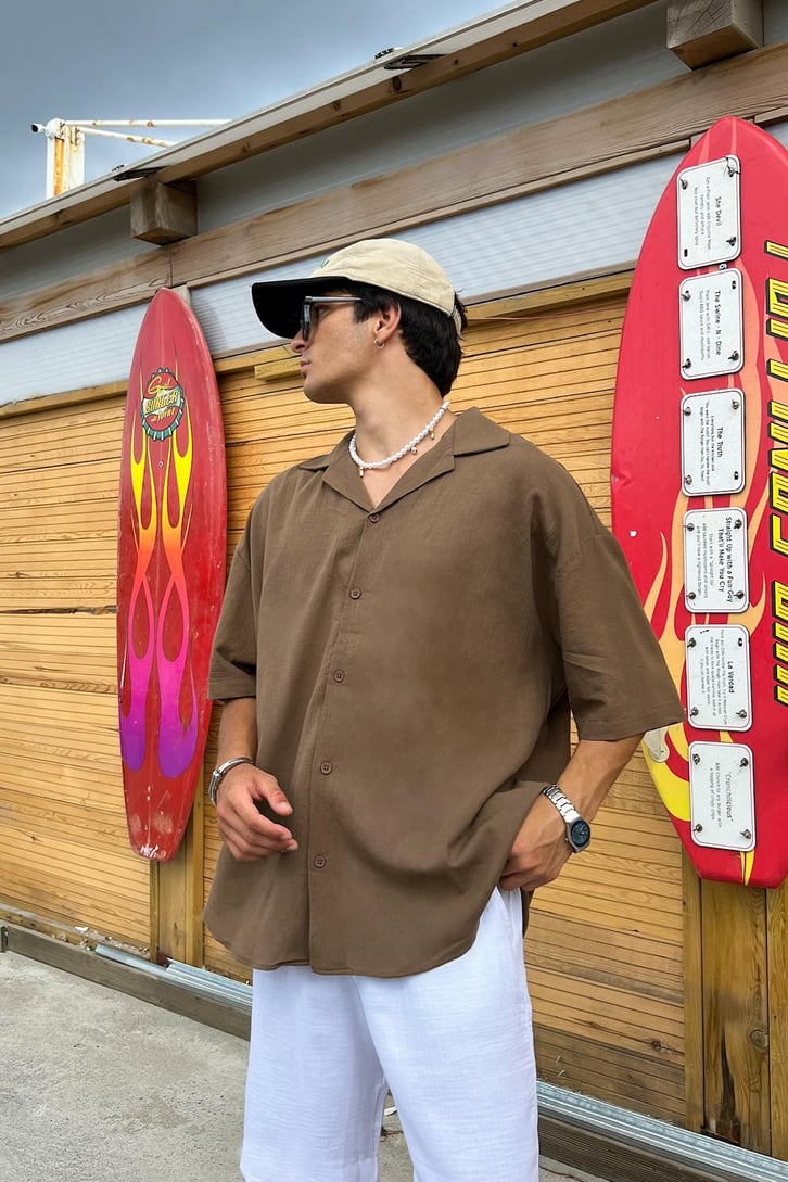 İnce Keten Küba Yaka Oversize Gömlek