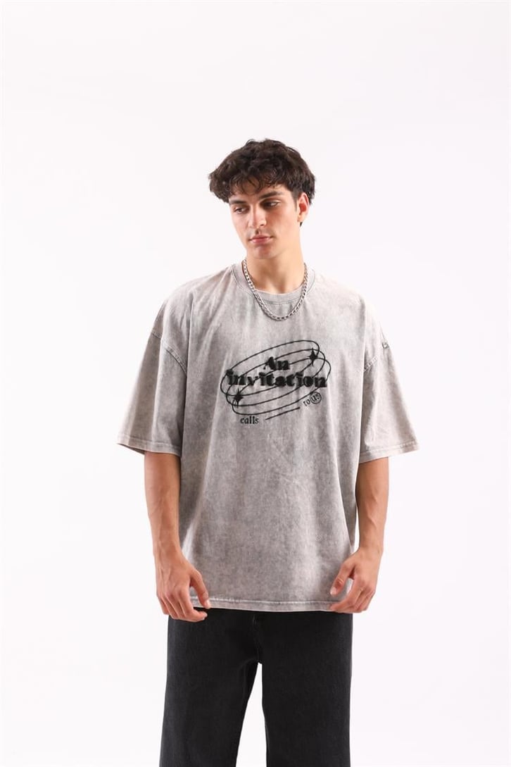 Invitation Nakışlı Acid Wash Oversize Tshirt