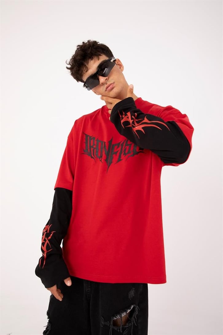 Iron Fish Baskılı Kırmızı Oversize Long Sleeve Tişört