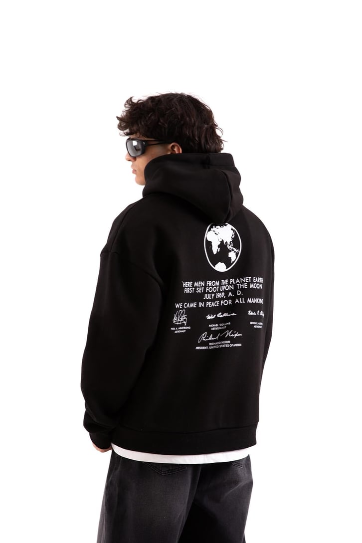 July 1969 Baskılı Siyah Oversize Hoodie