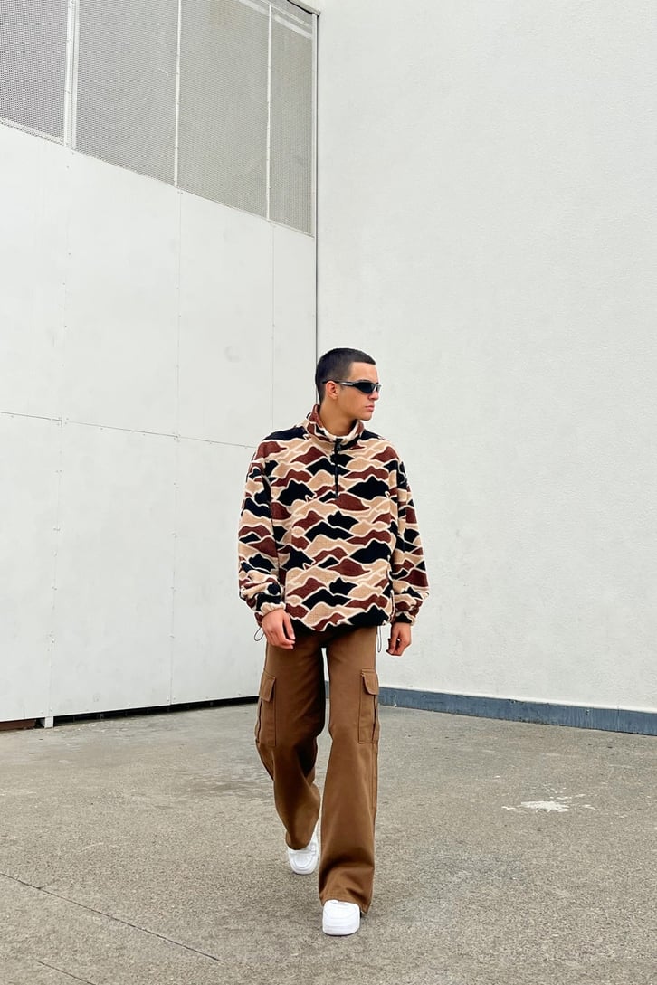 Kamuflaj Desen Half-Zip Kahverengi Peluş Sweatshirt