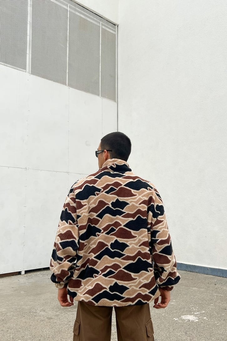 Kamuflaj Desen Half-Zip Kahverengi Peluş Sweatshirt