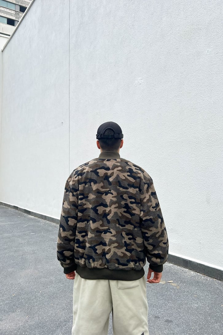 Kamuflaj Desen Zipper Peluş Ceket