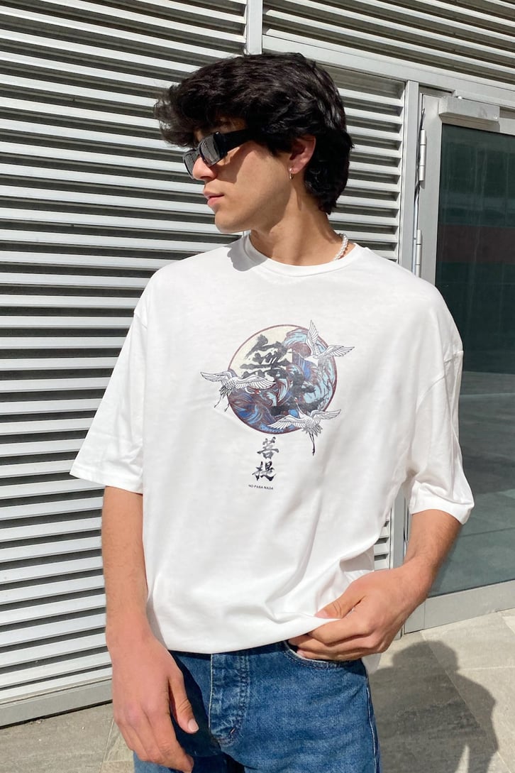 Kanagawa Wawe Baskılı Ekru Oversize Tshirt