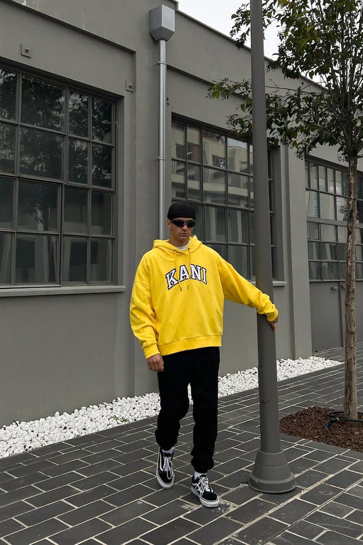 Kani Nakışlı Sarı İçi Pamuklu Oversize Hoodie