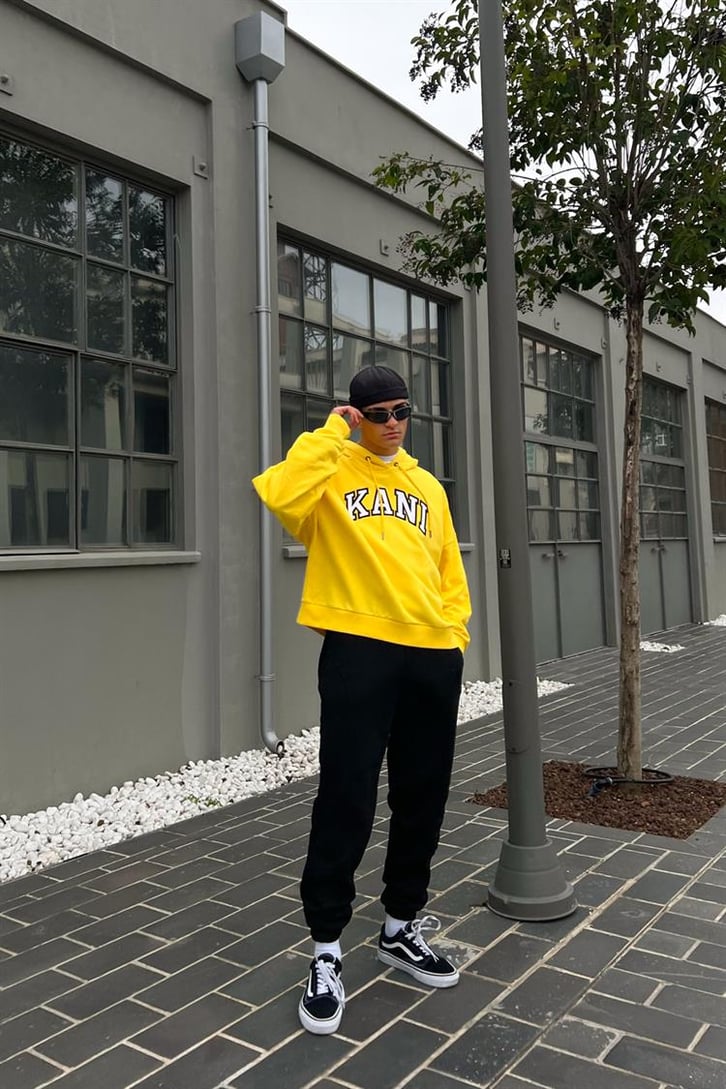 Kani Nakışlı Sarı İçi Pamuklu Oversize Hoodie