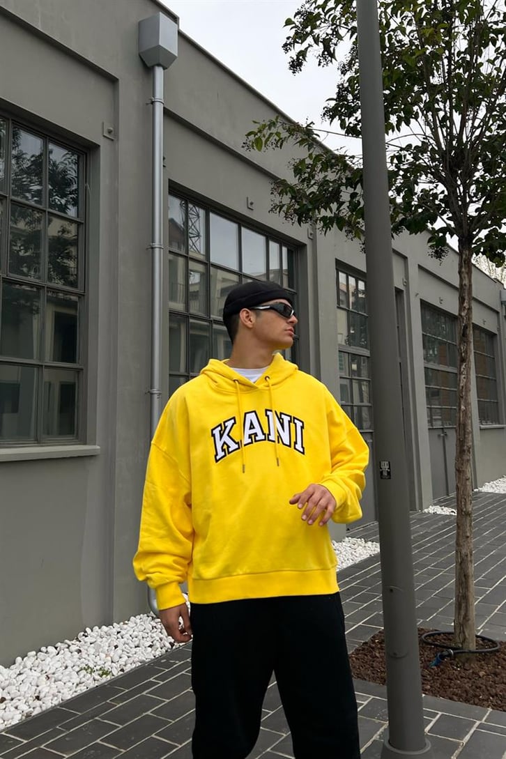 Kani Nakışlı Sarı İçi Pamuklu Oversize Hoodie