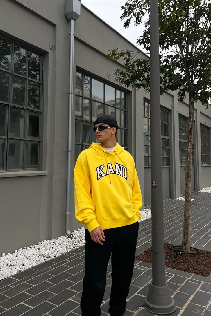 Kani Nakışlı Sarı İçi Pamuklu Oversize Hoodie