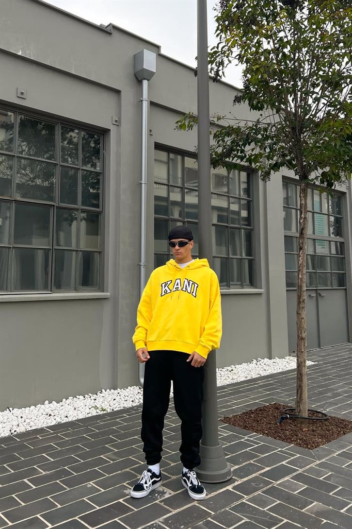 Kani Nakışlı Sarı İçi Pamuklu Oversize Hoodie