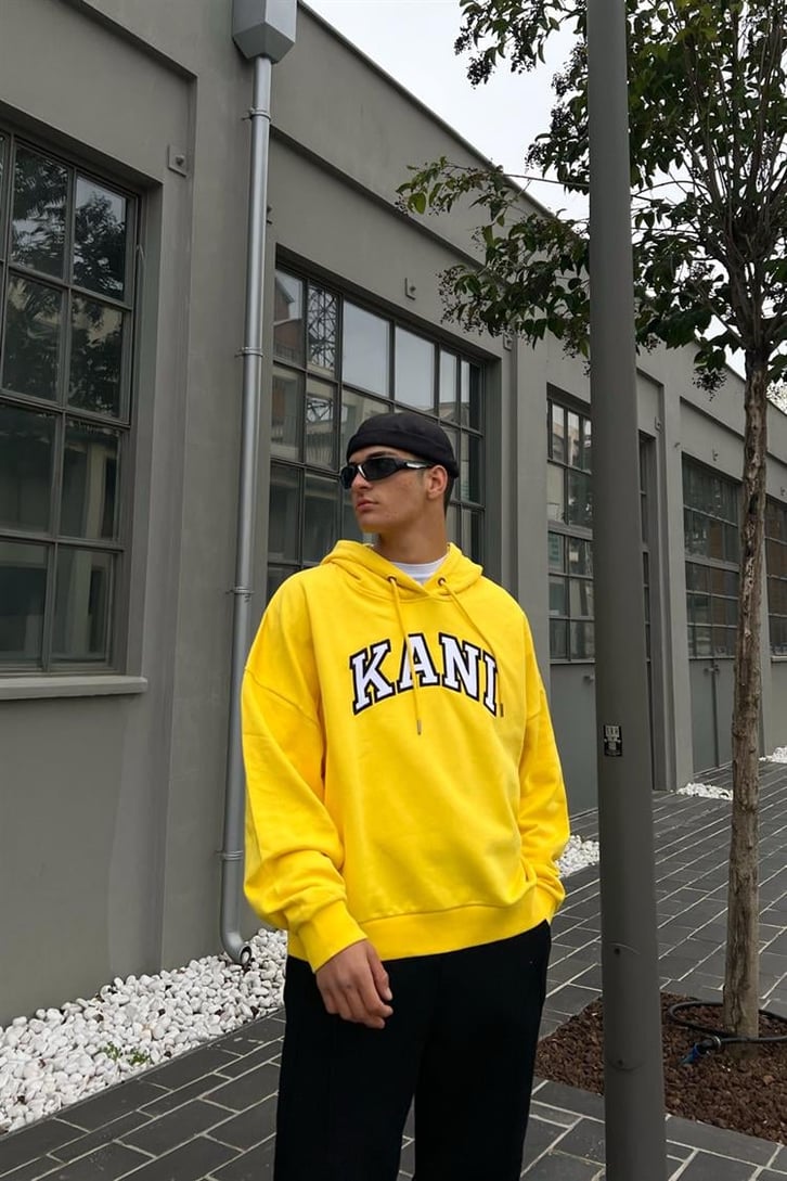 Kani Nakışlı Sarı İçi Pamuklu Oversize Hoodie