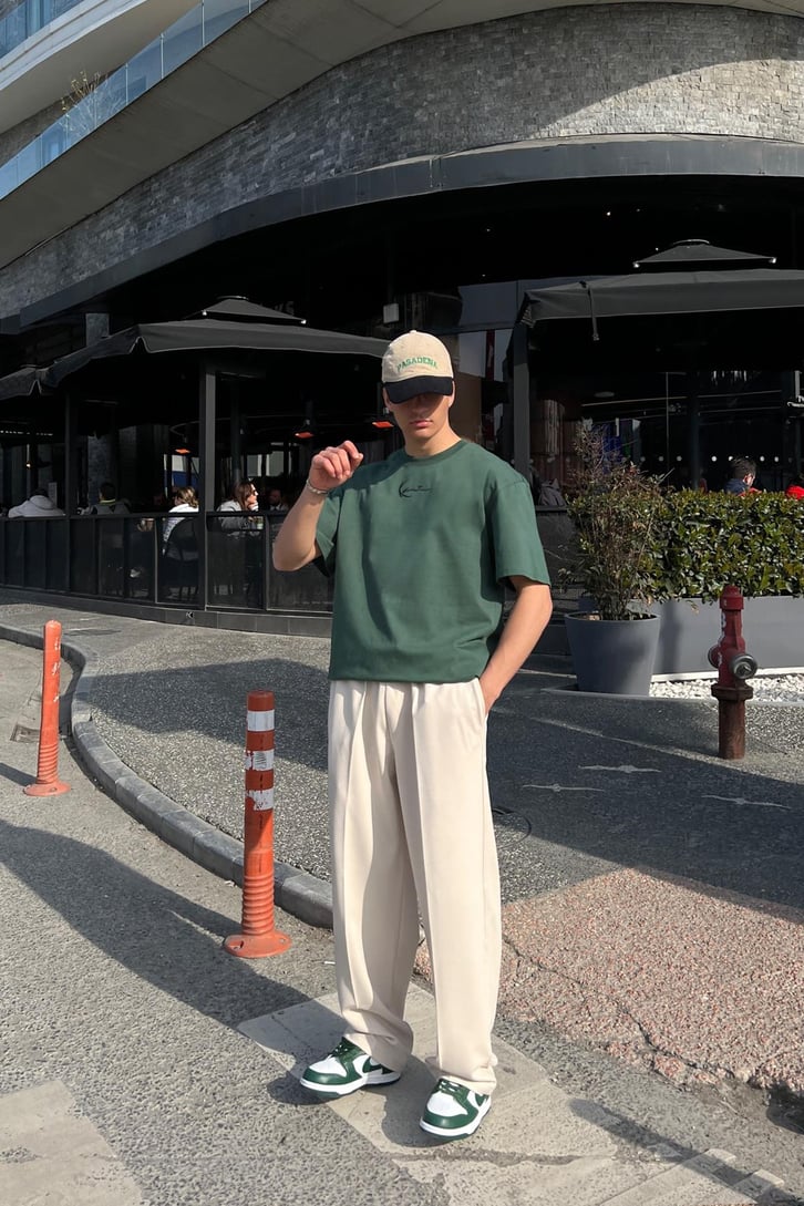 Kani Nakışlı Yeşil Oversize Tişört