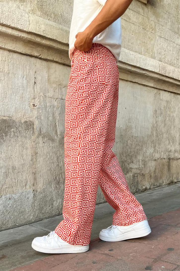 Kare Desenli Kırmızı Baggy Jean