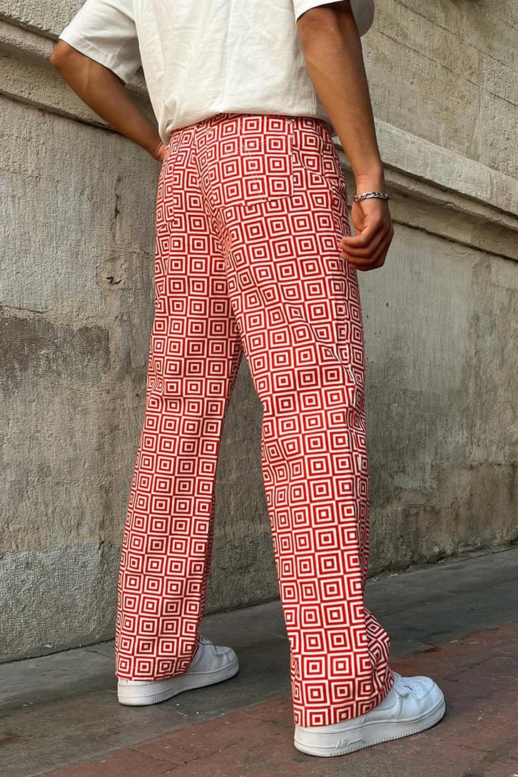 Kare Desenli Kırmızı Baggy Jean