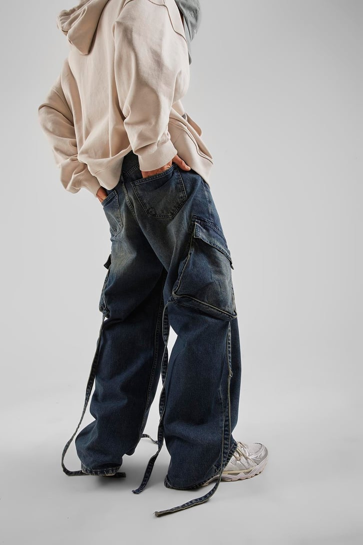 Kargo Cep Aksesuar Detaylı Mavi Baggy Jean