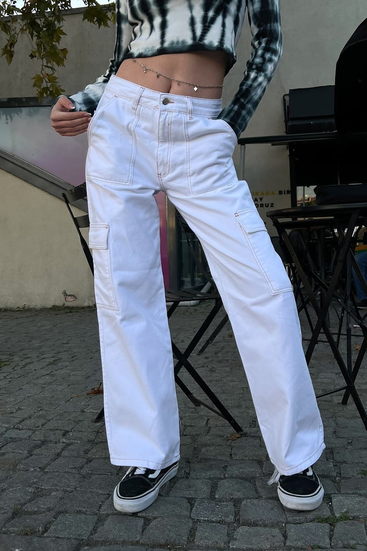 Kargo Cep Detay Ekru Baggy Pantolon