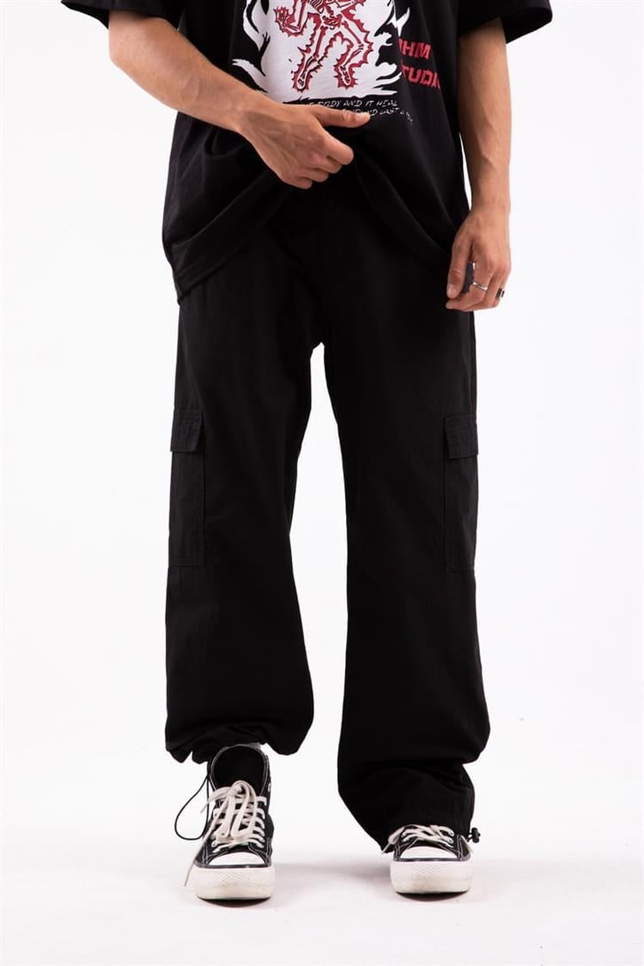 Kargo Cep Paça Lastikli Siyah Baggy Pantolon