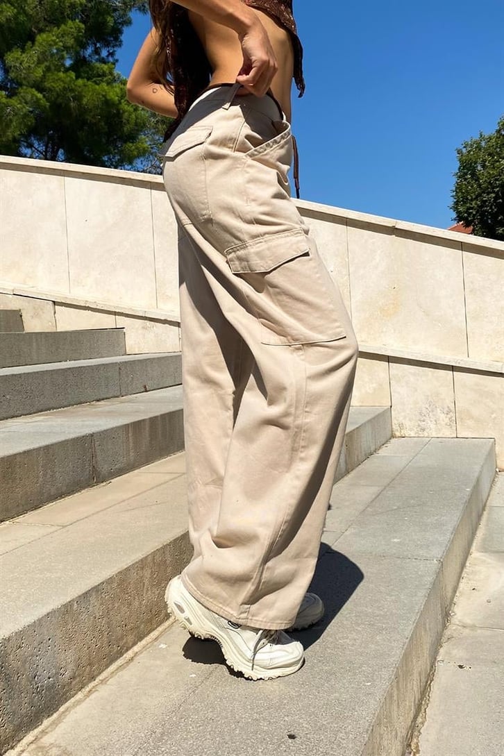 Kargo Cepli Bej Baggy Pantolon