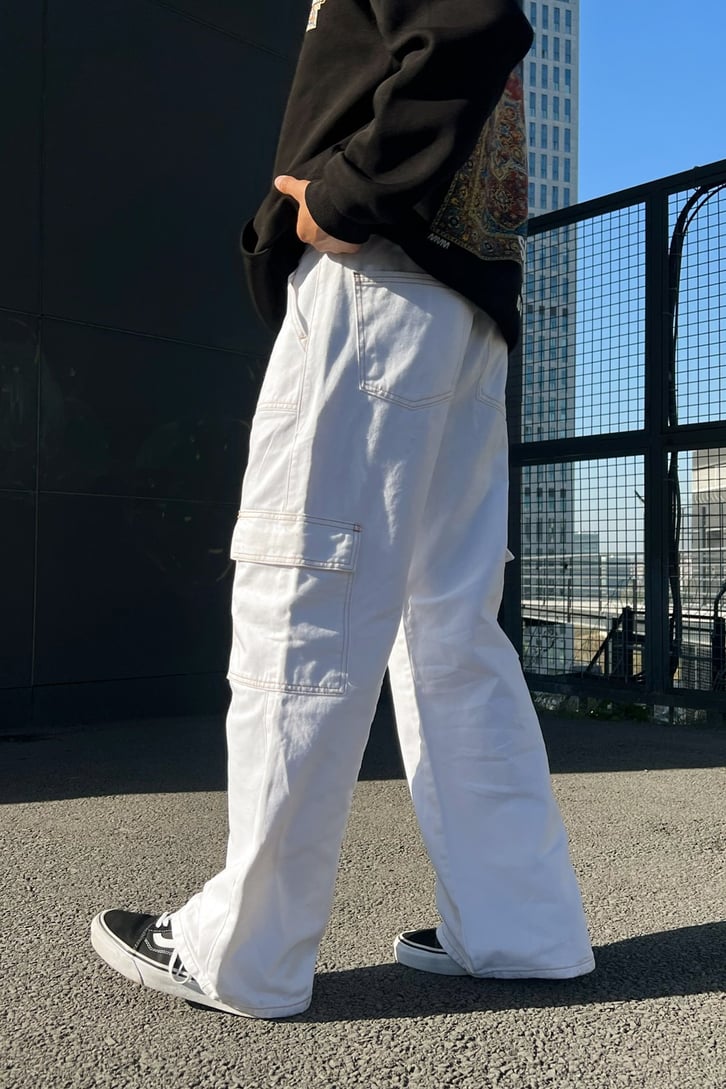 Kargo Cepli Beyaz Baggy Jean