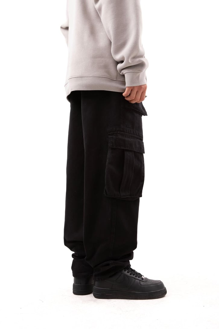 Kargo Cepli Siyah Baggy Jean