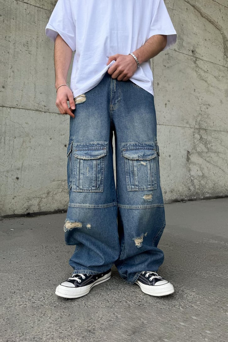 Kargo Cepli Yırtık Detay Baggy Jean